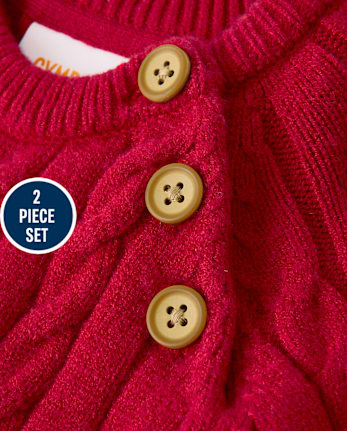 Baby Cable Knit Romper 2-Piece Outfit Set - CRIMSON