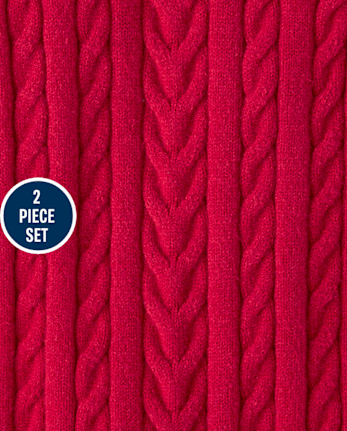Baby Cable Knit Romper 2-Piece Outfit Set - CRIMSON