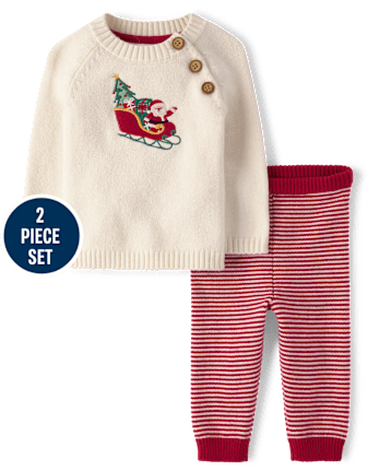 Baby Boys Embroidered Sleigh 2-Piece Sweater Set - Tartan Remix - FAIR IVORY