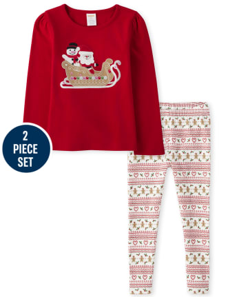 Girls Embroidered Sleigh Top And Gingerbread Fairisle Leggings Set - Gingerbread House