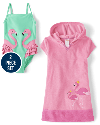 Girls Embroidered Flamingo 2-Piece Swim Set - Splish-Splash