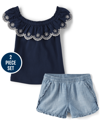Girls Eyelet Ruffle 2-Piece Outfit Set - Little Classics