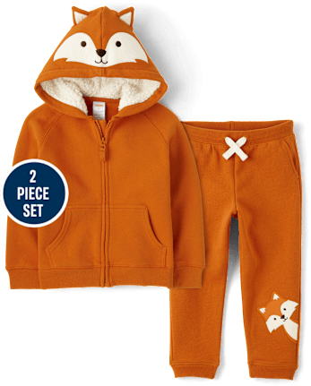 Conjunto de traje de 2 piezas de forro polar de zorro bordado para niños - Aventuras de otoño