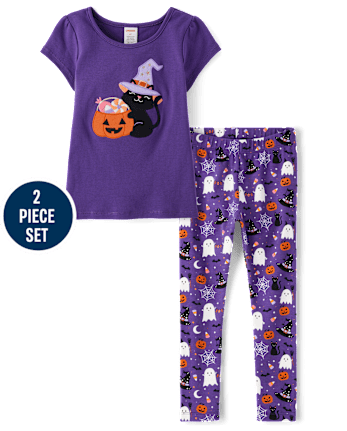 Conjunto Niña Calabaza Gato Bordado 2 Piezas - Halloween