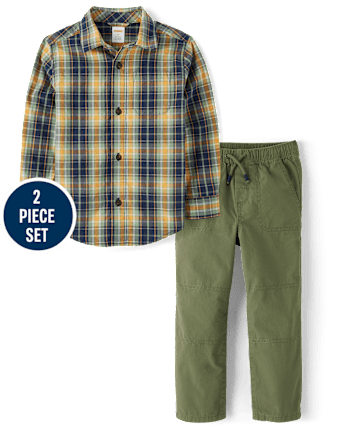 Boys Long Sleeve Plaid Poplin Button Up Shirt And Pull On Pants 2 Piece Outfit Set Dino Friends MULTI Gymboree