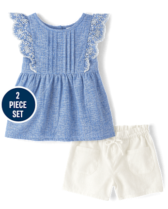 Girls Linen-Blend Eyelet 2-Piece Outfit Set