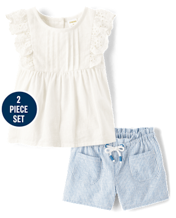 Girls Striped Eyelet 2-Piece Outfit Set