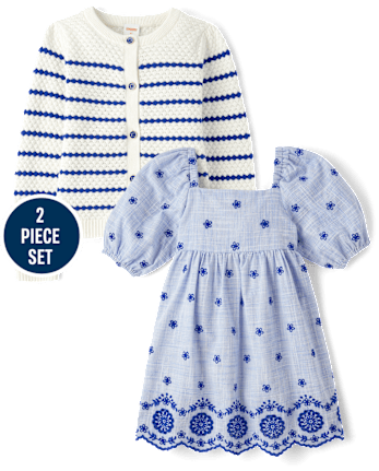 Girls Eyelet Dress 2-Piece Outfit Set - Italian Riviera