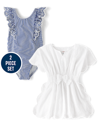 Girls Striped Eyelet 2-Piece Swim Set - Swim