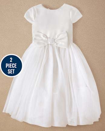 Girls Bow Faux Pearl Dress 2-Piece Outfit Set - Special Occasions