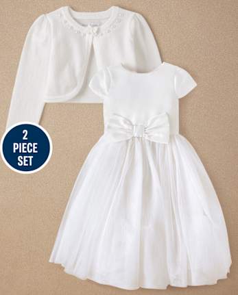Girls Bow Faux Pearl Dress 2-Piece Outfit Set - Special Occasions