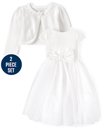 Girls Bow Faux Pearl Dress 2-Piece Outfit Set - Special Occasions