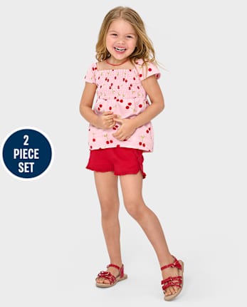 Girls Cherry Smocked 2-Piece Outfit Set - Sweet Summer