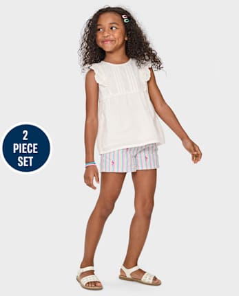 Girls Embroidered Flamingo 2-Piece Outfit Set - Seaside Palms