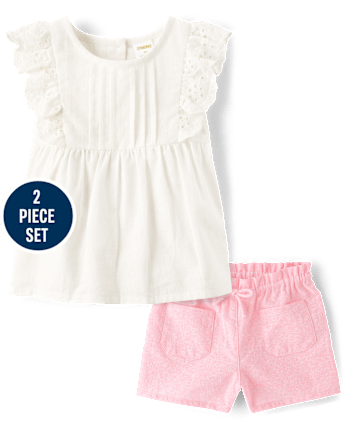 Girls Eyelet Linen-Blend 2-Piece Outfit Set