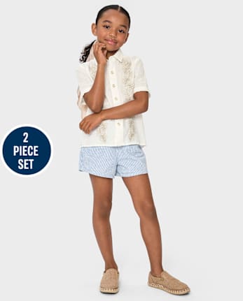 Girls Embroidered Linen-Blend 2-Piece Outfit Set