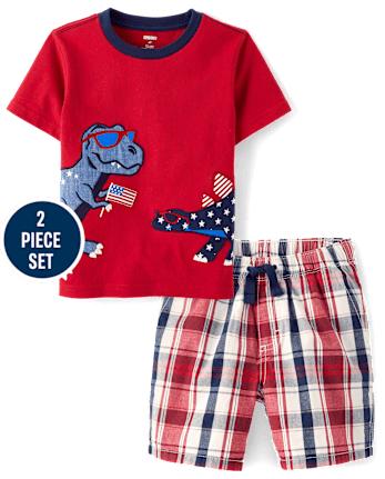 Boys Embroidered Dino 2-Piece Outfit Set - American Cutie