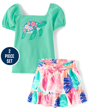 Girls Embroidered Turtle 2-Piece Outfit Set - Seaside Palms