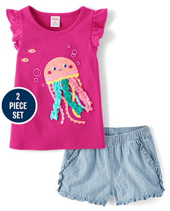 Girls Embroidered Jellyfish 2-Piece Outfit Set - Little Essentials