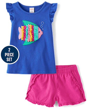 Girls Embroidered Fish 2-Piece Outfit Set - Little Essentials