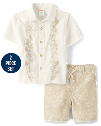 Kids Embroidered Tropical Leaf Linen-Blend 2-Piece Outfit Set