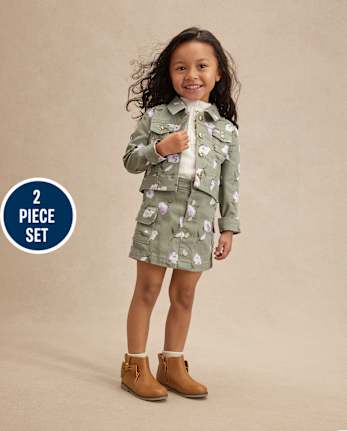 Girls Floral Utility Jacket 2-Piece Outfit Set - Magical Meadows
