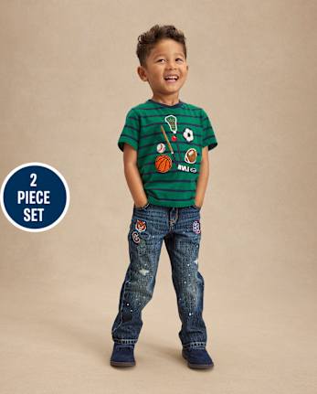 Boys Embroidered Varsity Sports 2-Piece Outfit Set - Campus Cuties