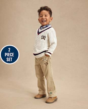 Kids Varsity Cable Knit Sweater 2-Piece Outfit Set - Campus Cuties