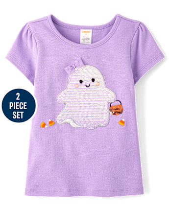 Girls Embroidered Sequin Ghost Top 2-Piece Outfit Set - Halloween