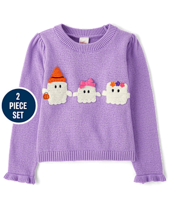 Girls Crochet Ghost Sweater 2-Piece Outfit Set - Halloween