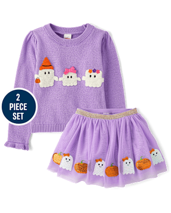 Girls Crochet Ghost Sweater 2-Piece Outfit Set - Halloween