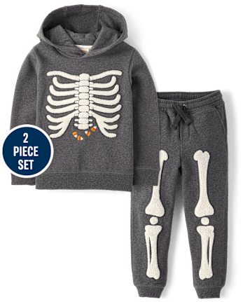 Boys Embroidered Skeleton Fleece Jogger 2-Piece Outfit Set - Halloween