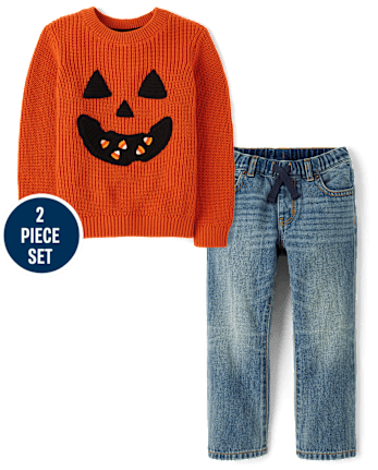 Boys Embroidered Jack-O-Lantern 2-Piece Outfit Set - Halloween