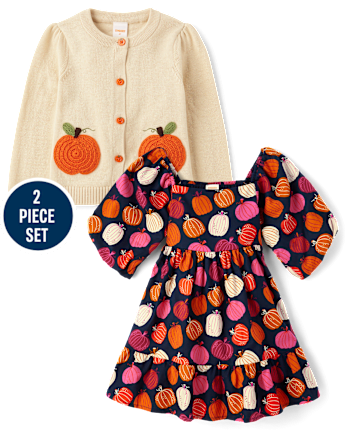 Girls Crochet Pumpkin 2-Piece Outfit Set - Fall Celebrations