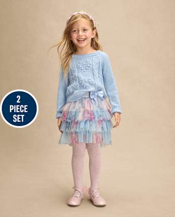 Girls Bow Back Cable Knit Sweater 2-Piece Outfit Set - On Pointe