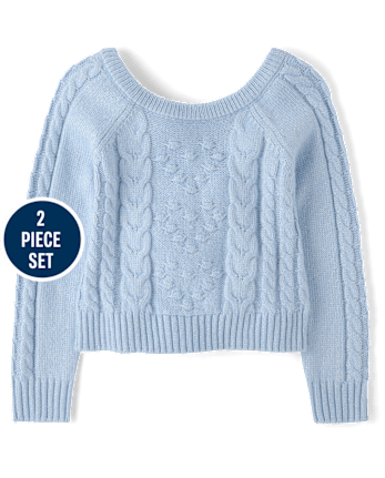 Girls Bow Back Cable Knit Sweater 2-Piece Outfit Set - On Pointe