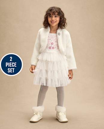 Girls Embellished Faux Fur Shrug And Sequin Dress 2-Piece Outfit Set - On Pointe