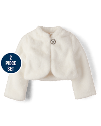 Girls Embellished Faux Fur Shrug And Sequin Dress 2-Piece Outfit Set - On Pointe