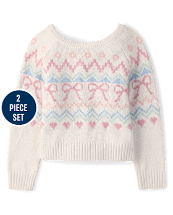 Girls Fairisle Bow Back Sweater 2-Piece Outfit Set - On Pointe