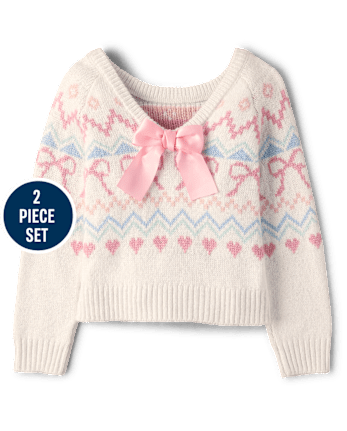 Girls Fairisle Bow Back Sweater 2-Piece Outfit Set - On Pointe