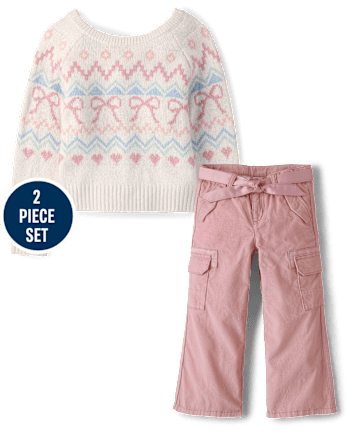 Girls Fairisle Bow Back Sweater 2-Piece Outfit Set - On Pointe