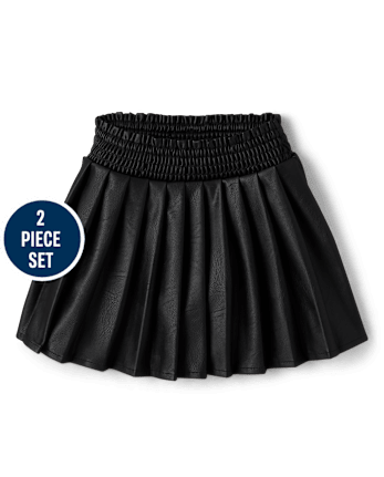 Girls Faux Pearl Sweater And Faux Leather Skort 2-Piece Outfit - Petit Paris