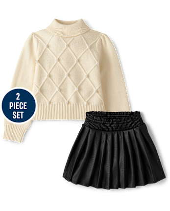 Girls Faux Pearl Sweater And Faux Leather Skort 2-Piece Outfit - Petit Paris