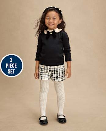 Girls Bow Peter Pan Sweater And Shorts 2-Piece Outfit Set - Petit Paris