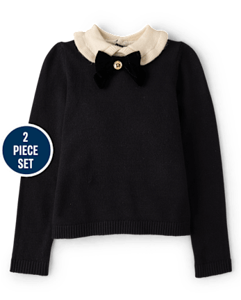 Girls Bow Peter Pan Sweater And Shorts 2-Piece Outfit Set - Petit Paris