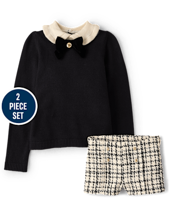 Girls Bow Peter Pan Sweater And Shorts 2-Piece Outfit Set - Petit Paris