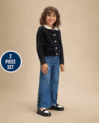 Girls Embellished Eyelash Cardigan 2-Piece Outfit Set - Petit Paris