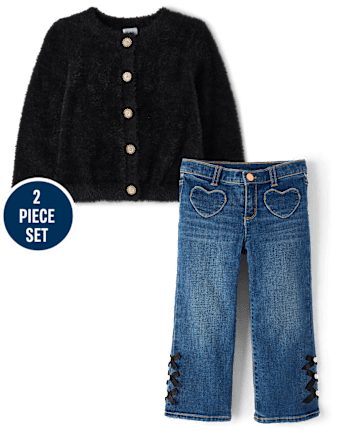 Girls Embellished Eyelash Cardigan 2-Piece Outfit Set - Petit Paris