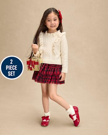 Girls Cable Knit Flutter Sweater 2-Piece Outfit Set - Royal Christmas