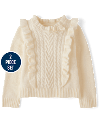 Girls Cable Knit Flutter Sweater 2-Piece Outfit Set - Royal Christmas